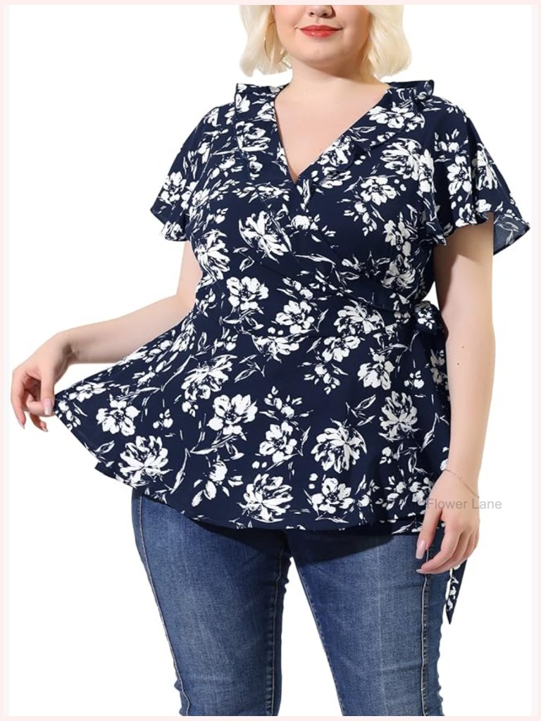 Plus Size Wrap V Neck Tie Waist Ruffle Sleeve Blouse Floral Top